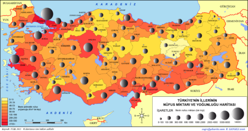 Törökország lakossági térképe 2015 - Forrás: Coğrafya Harita