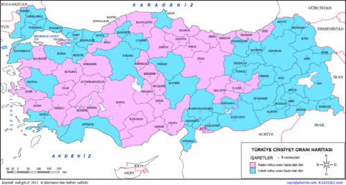 Fiúk-lányok aránya Törökországban - Forrás: Coğrafya Harita