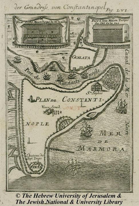Ezen az 1686-os térképen a "költő" inkább a hajók részletein dolgozott. A város kidolgozásába csak az AyaSofya, a Topkapı, a Héttorony, és még néhány apróság fért bele.
Forrás: kültürİstanbuL