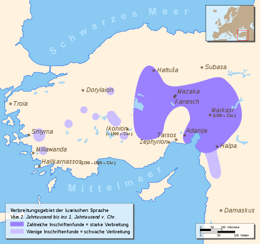 A luva nyelv, és így az "anatóliai" hieroglifák elterjedése.
Forrás: Wikipédia