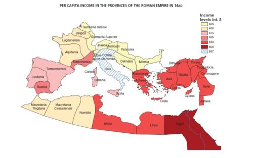 A Római Birodalom egy főre vetített bevétele i.sz. 14-ben.
Forrás:  NEP-HIS Blog