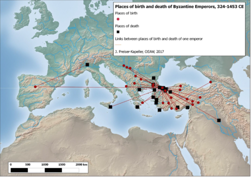 A Bizánci Birodalom császárainak születési és halálozási helyei.
Forrás: Johannes Preiser-Kapeller