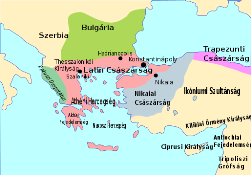 A Bizánci Birodalom utódállamai 1206-ban. Forrás: Wikipédia