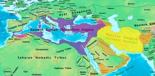 A Bizánci Birodalom és a Szászánida Birodalom 600-ban.
Forrás: Wikipédia