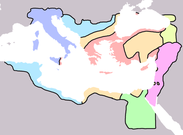 560-ban a Bizánci Birodalom nyelvi elosztása:
Lila - latin
Kék - latin és helyi
Piros - görög
Narancs - görög és helyi
Sárga - örmény
Rózsaszín - arámi
Zöld - kopt

Forrás: Wikipédia