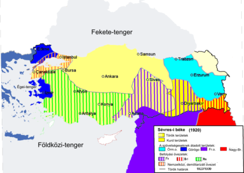 Törökország felosztása a Sèvres-i békeszerződés alapján.
Forrás: Wikipédia