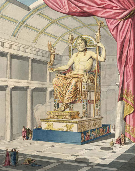 Pheidiasz olümpiai Zeusz-szobra Quatremère de Quincy ábrázolásában (1815). Forrás: Wikipédia